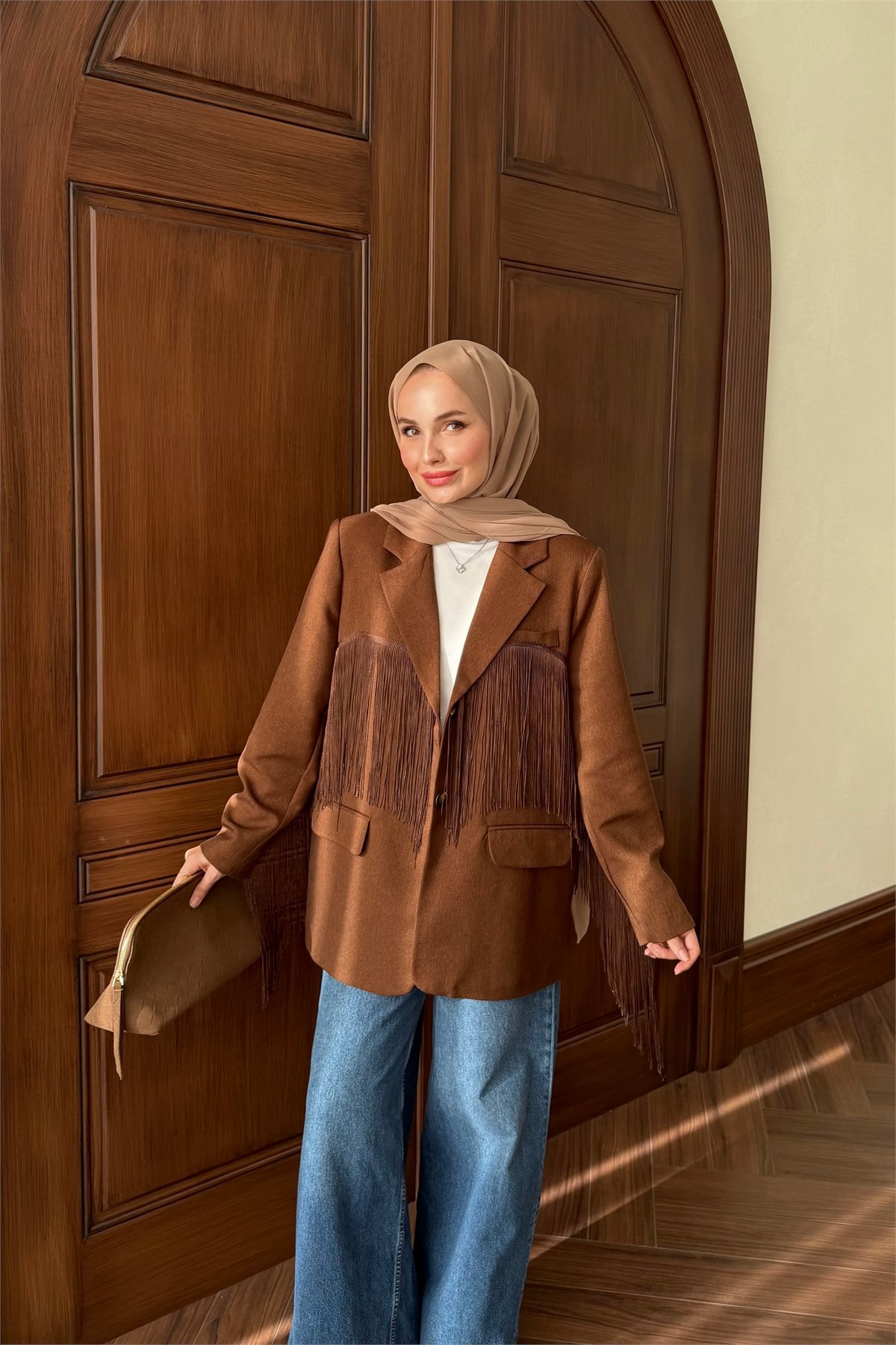 Püskül Detay Oversize Ceket - KAHVE