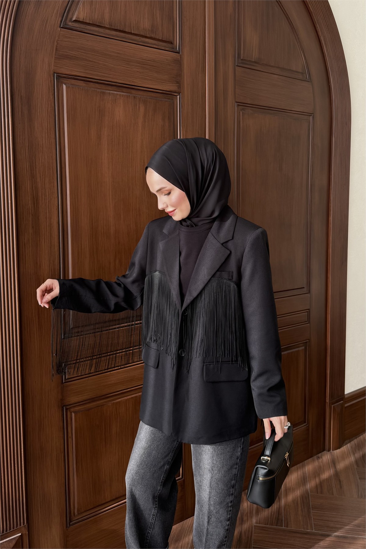 Püskül Detay Oversize Ceket - SİYAH