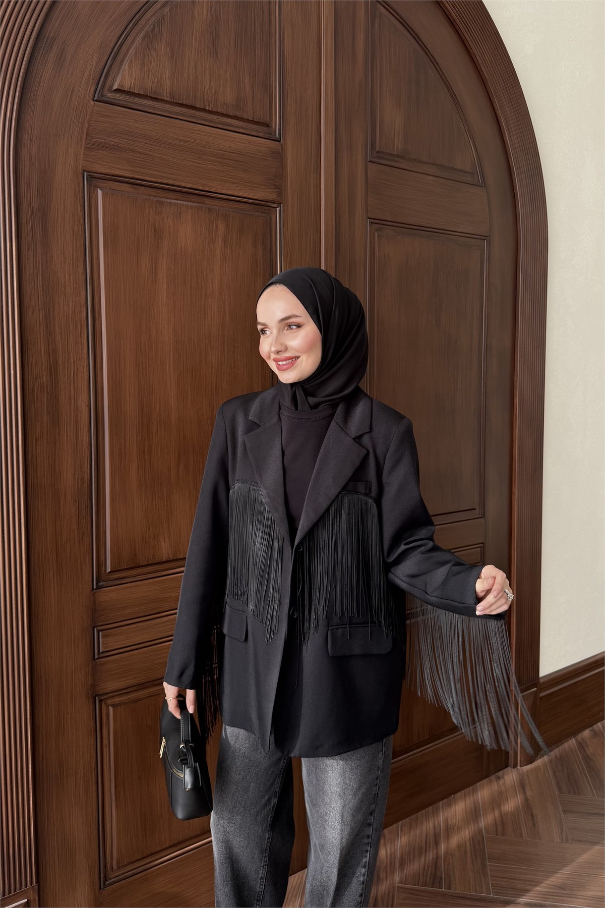 Püskül Detay Oversize Ceket - SİYAH