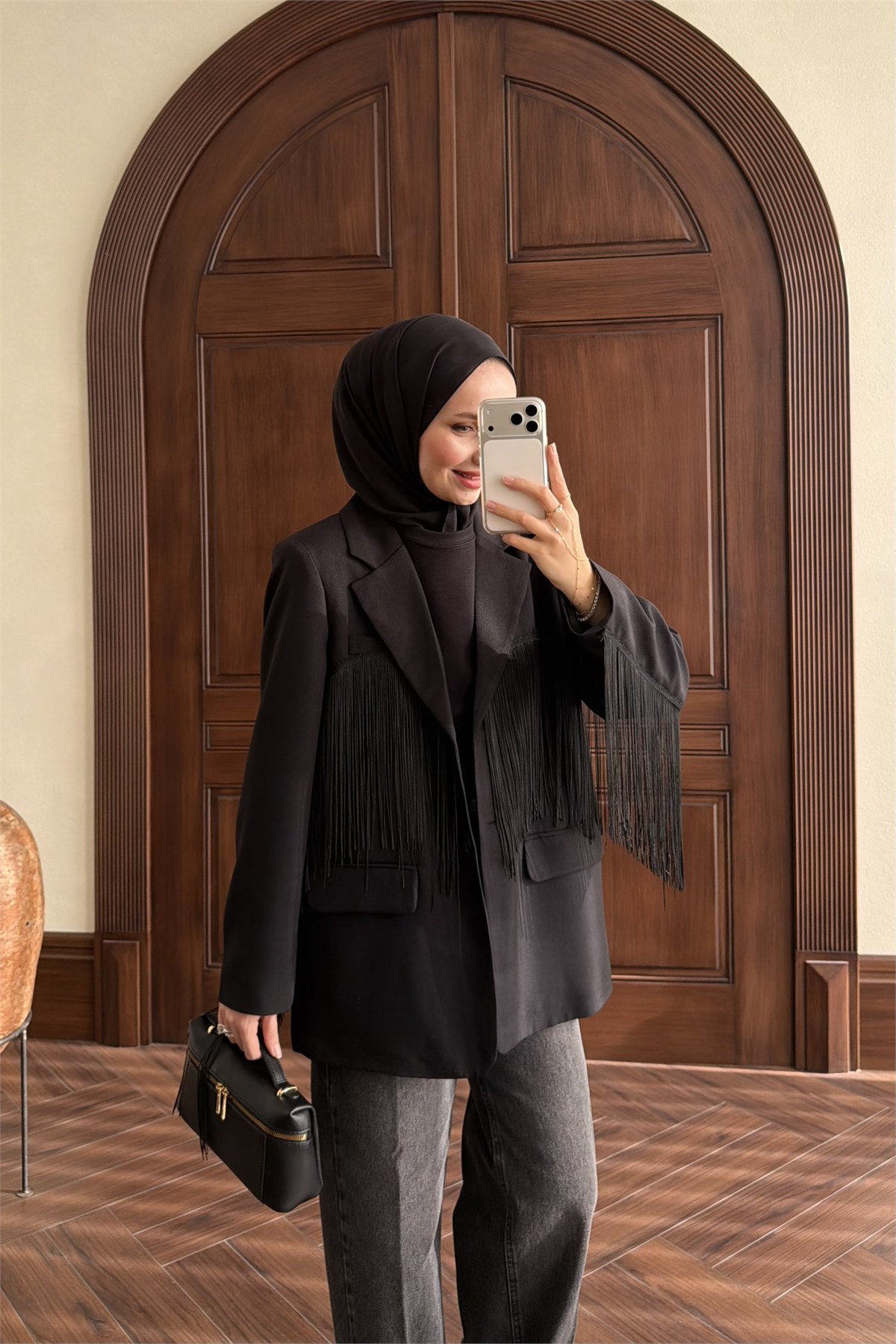 Püskül Detay Oversize Ceket - SİYAH