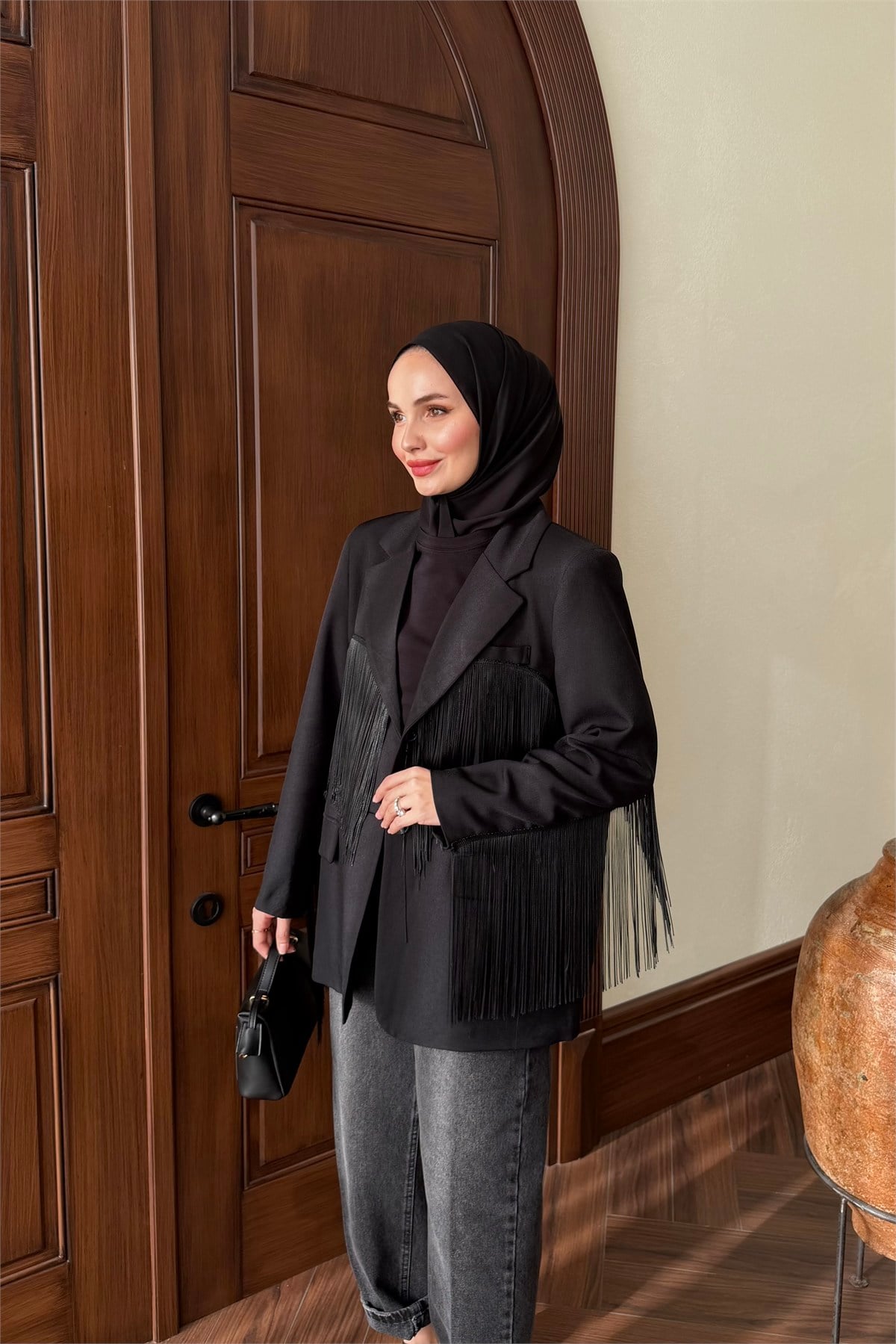 Püskül Detay Oversize Ceket - SİYAH