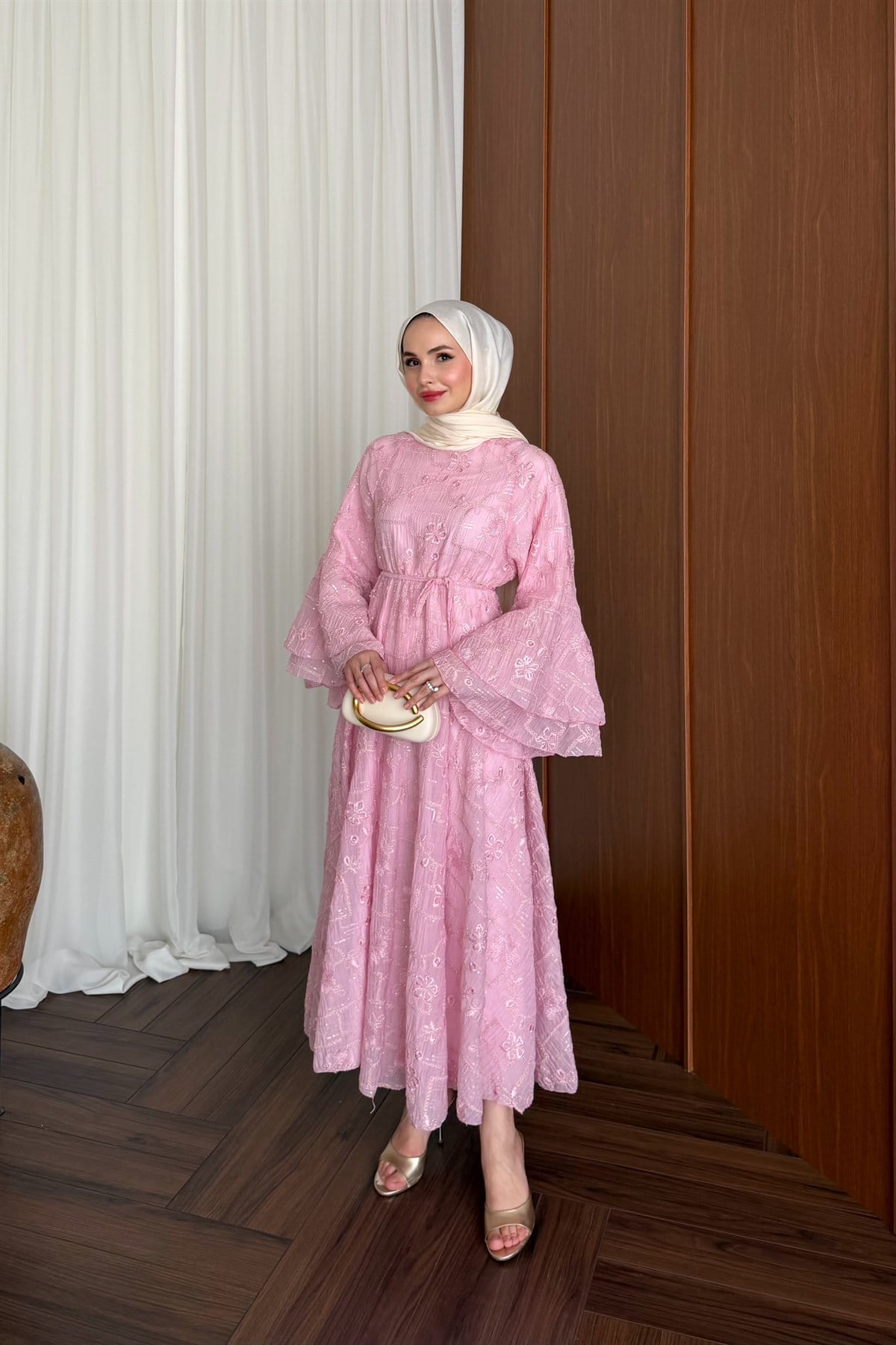 Riona Simli Tasarım Elbise - PEMBE