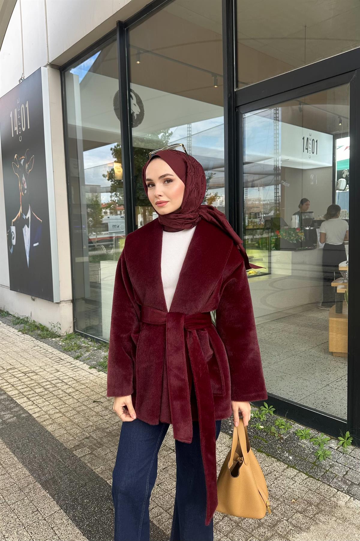 Senna GoldFox Kuşaklı Ceket - BORDO