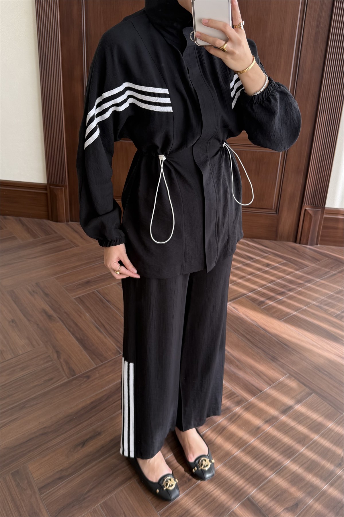 Şeritli Bel Sıkmalı Spor Takım - SİYAH