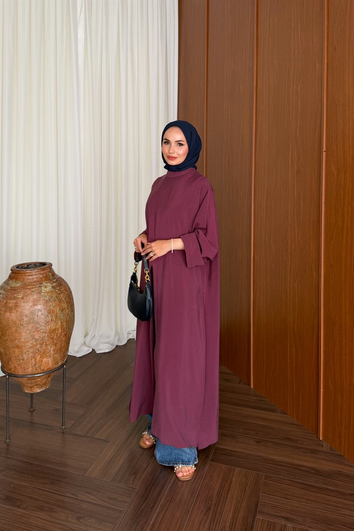 Tensel Yırtmaçlı Uzun Kimono - MÜRDÜM