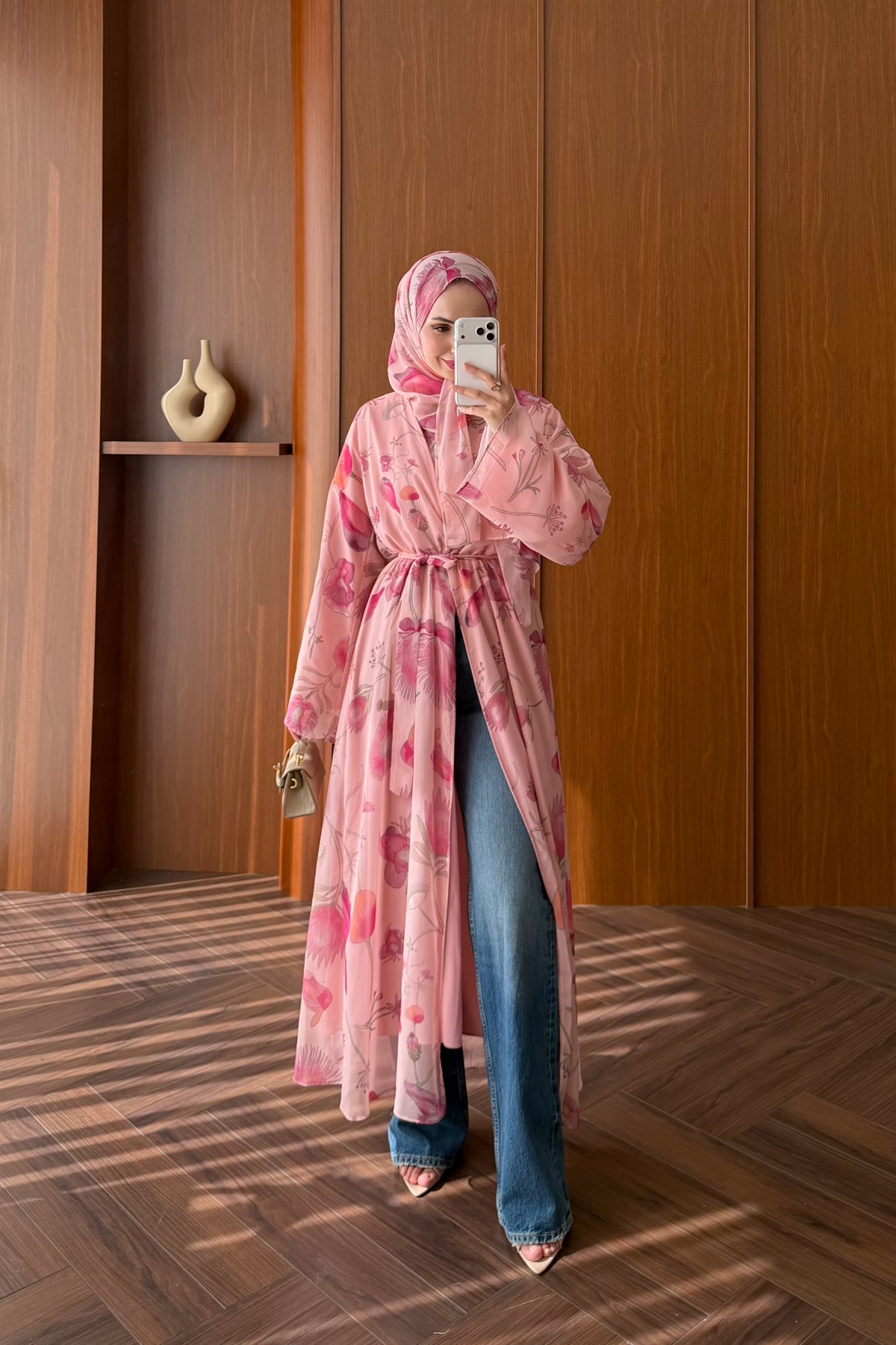Vera Şallı Desenli Abaya Takım - PEMBE