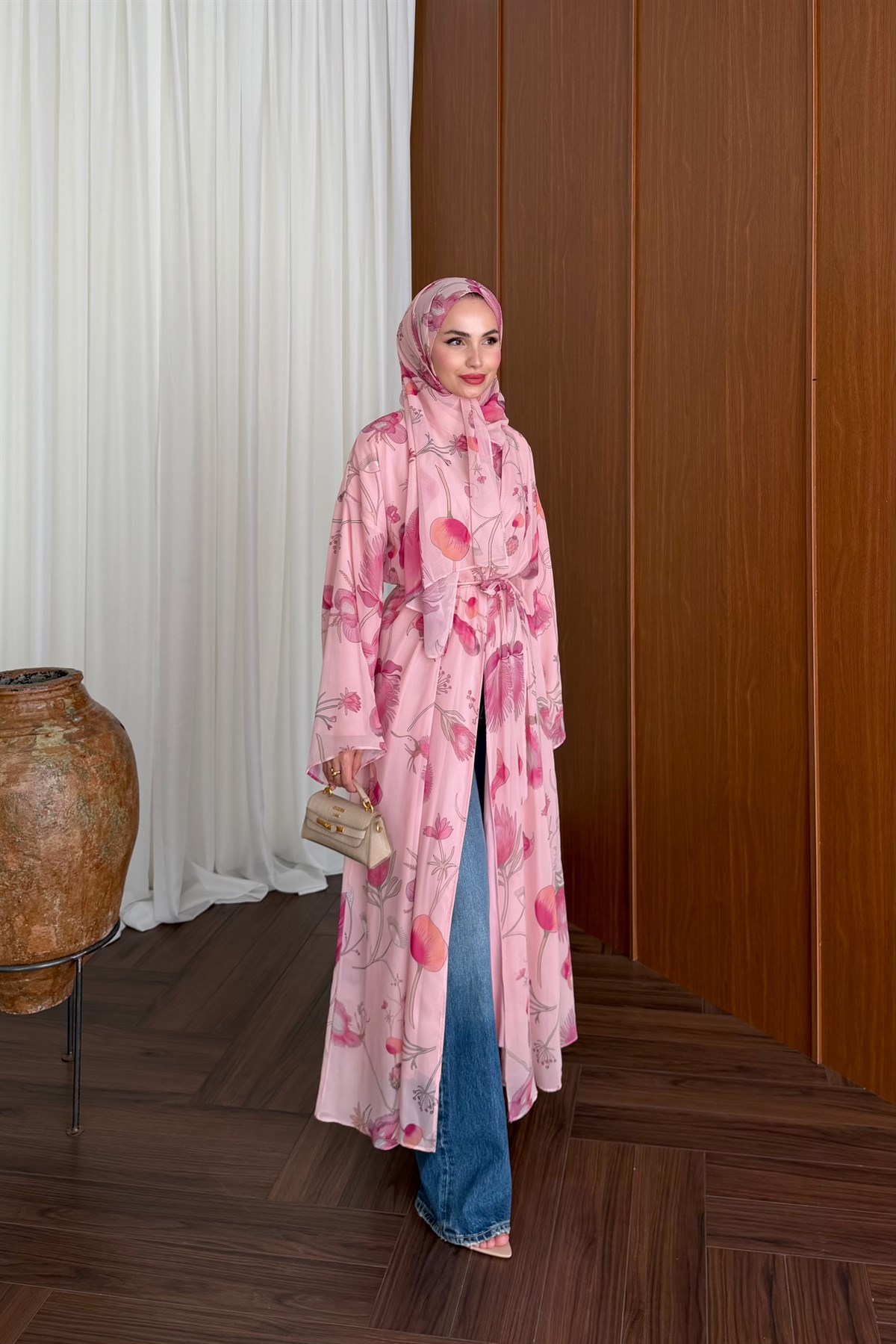 Vera Şallı Desenli Abaya Takım - PEMBE