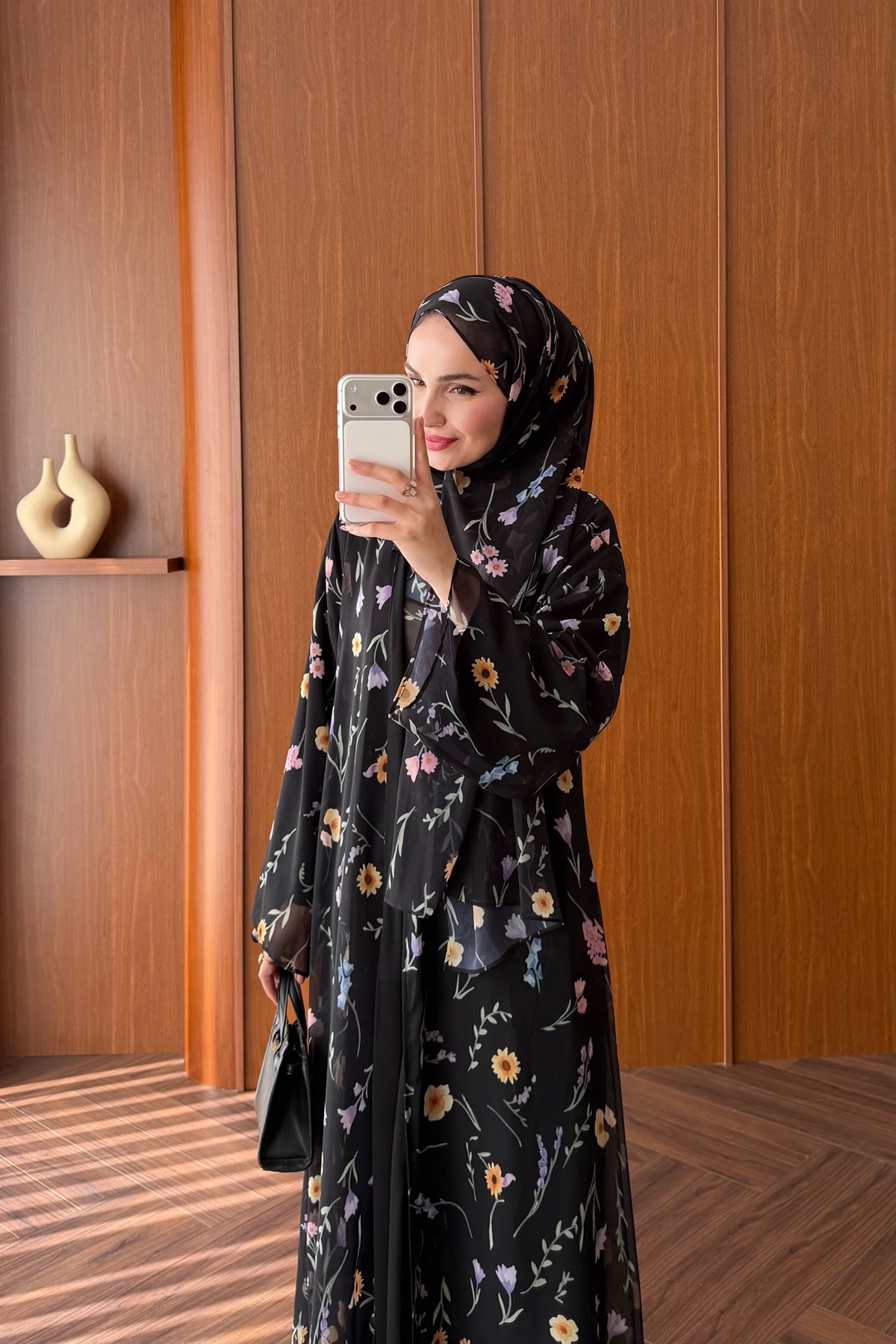 Vera Şallı Desenli Abaya Takım - SİYAH