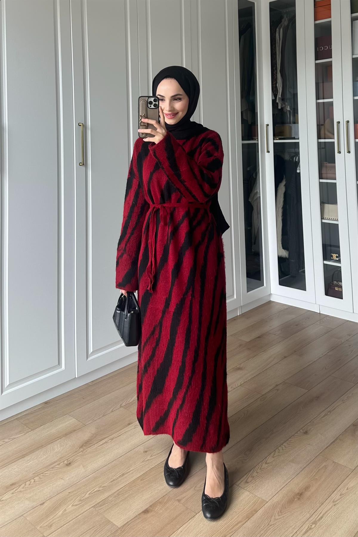 Zebra Desen Triko Elbise - BORDO