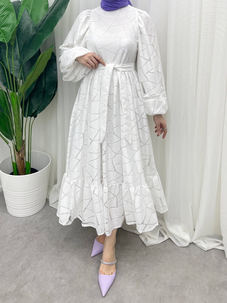 Aura Güpürlü Tesettür Elbise-Beyaz