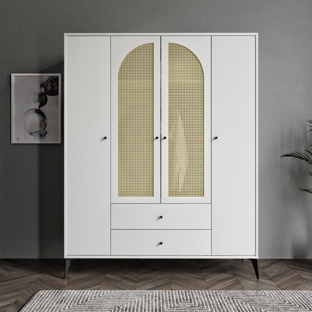  DİAMOND 4 Kapaklı 2 Çekmeceli Çift Hazeranlı Beyaz Dolap