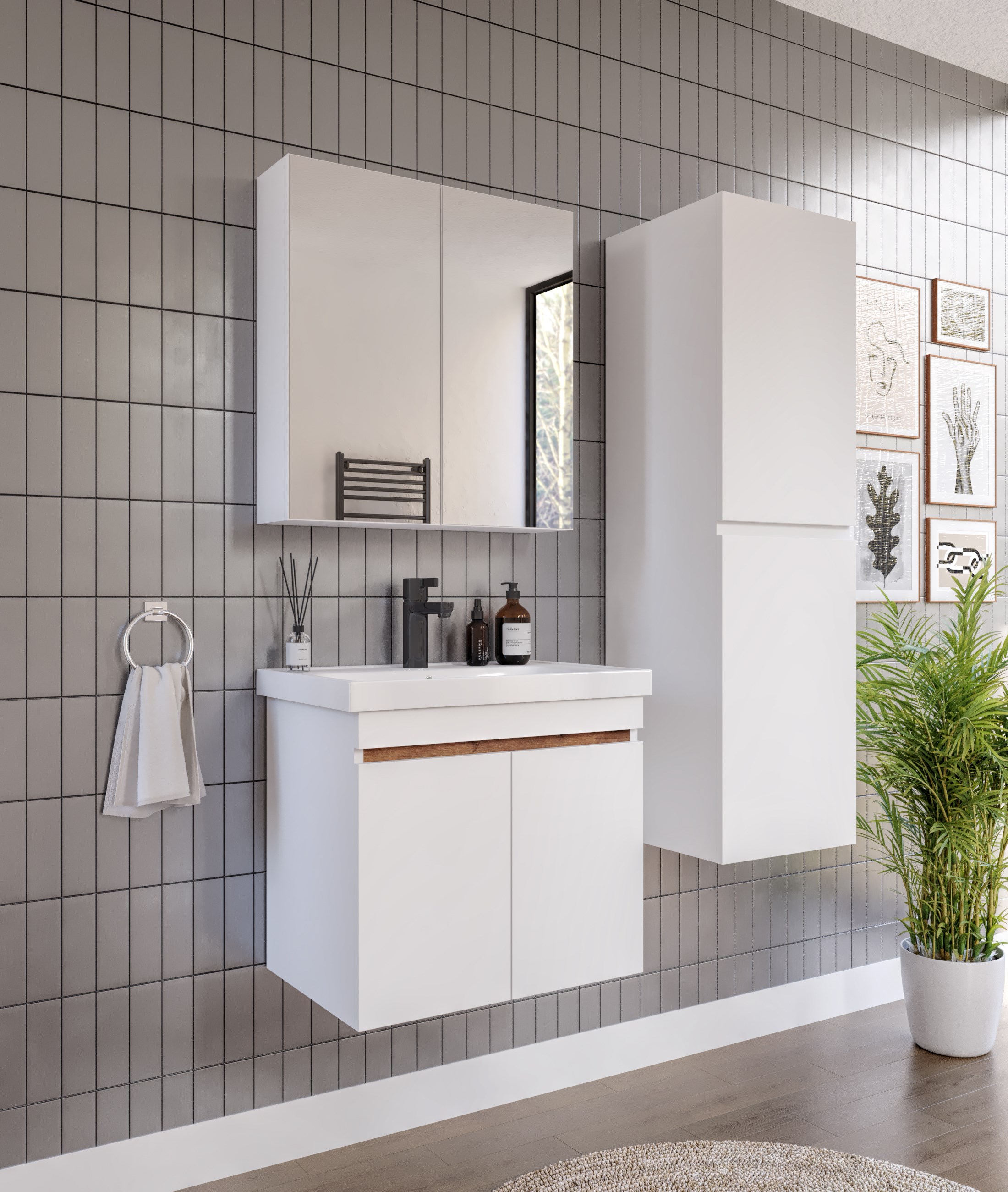 ALNİLAM 3'LÜ BANYO DOLABI TAKIMI-65'lik Hilton Lavabo