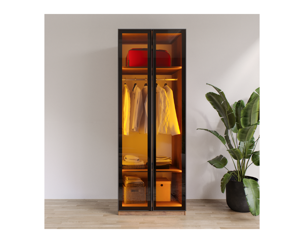 AURA 2 Füme Camlı Alimünyum KapaklıÇekmecesiz Giyinme Dolabı Led Askılıklı Tamamı Mdf