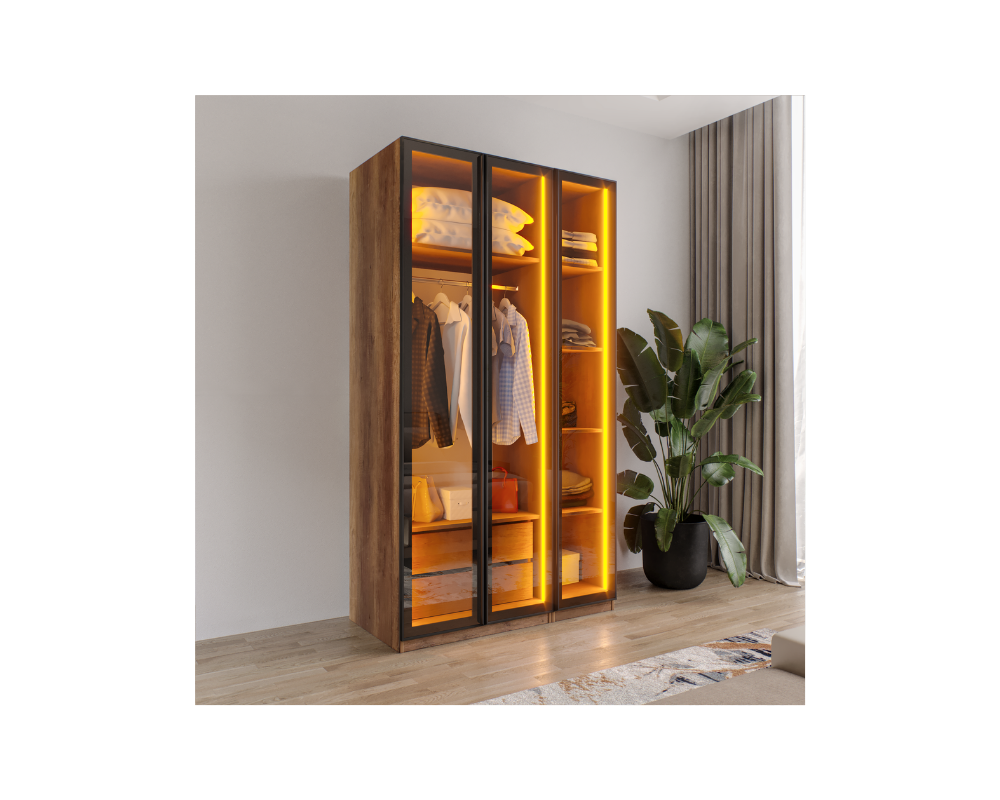 AURA 3 Füme Camlı Alimünyum Kapaklı 2 Çekmeceli Giyinme Dolabı Led Askılıklı Tamamı Mdf