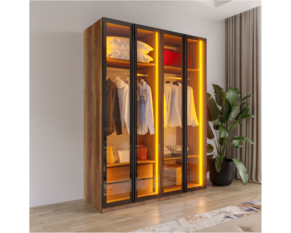 AURA 4 Füme Camlı Alimünyum Kapaklı 2 Çekmeceli Giyinme Dolabı Led Askılıklı Tamamı MdF