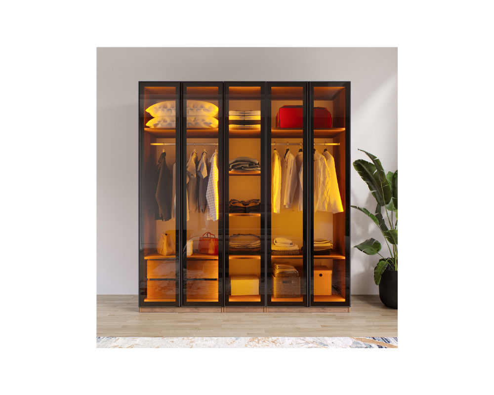 AURA 5 Füme Camlı Alimünyum Kapaklı 2 Çekmeceli Giyinme Dolabı Led Askılıklı Tamamı Mdf