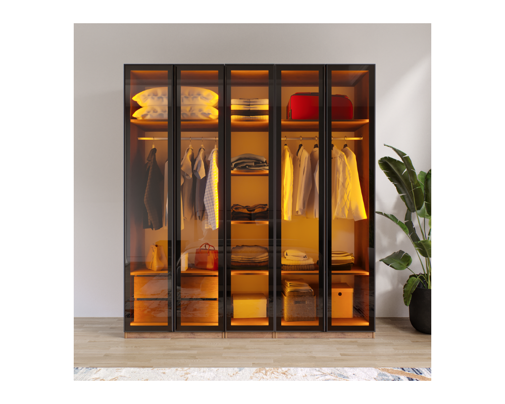 AURA 5 Füme Camlı Alimünyum Kapaklı 2 Çekmeceli Giyinme Dolabı Led Askılıklı Tamamı Mdf