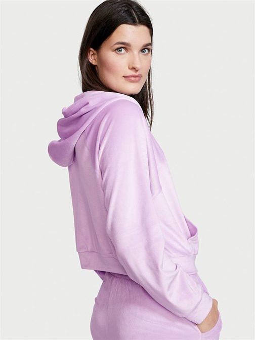 Kadife Fermuarlı Kapüşonlu Sweatshirt