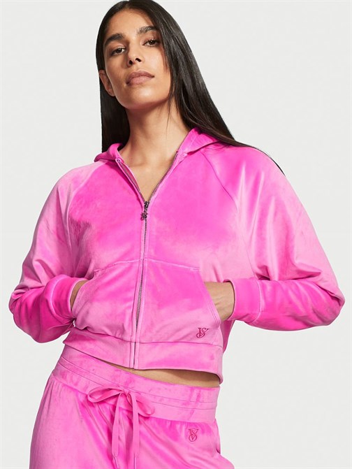 Kadife Fermuarlı Kapüşonlu Sweatshirt