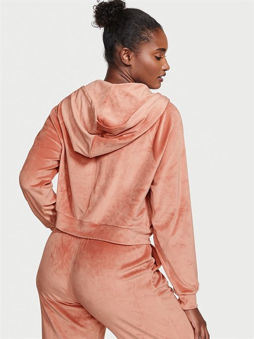 Kadife Fermuarlı Kapüşonlu Sweatshirt