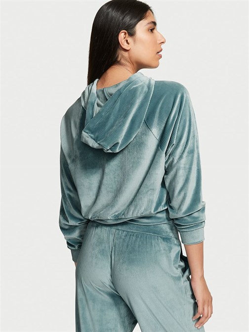 Ribanalı Kadife Kapüşonlu Sweatshirt