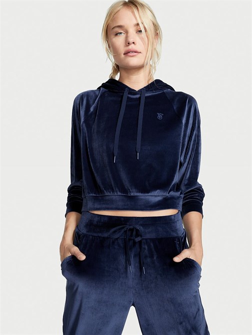 Ribanalı Kadife Kapüşonlu Sweatshirt