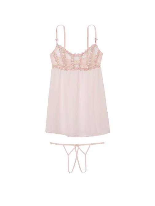 Rosebud İşlemeli Astarsız Korse Babydoll Takımı