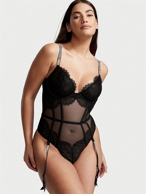 Very Sexy Işıltılı Askılı ve Jartiyerli Demi Teddy