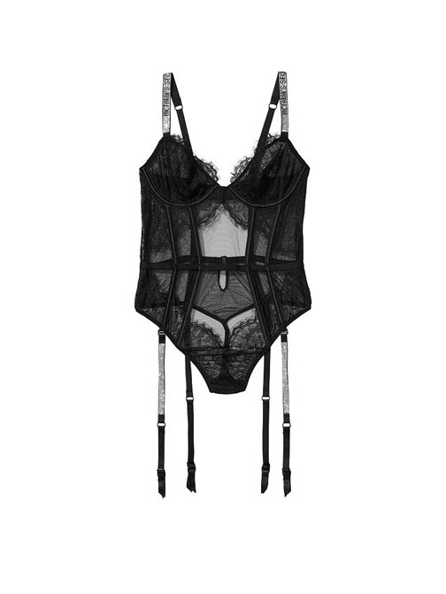 Very Sexy Işıltılı Askılı ve Jartiyerli Demi Teddy
