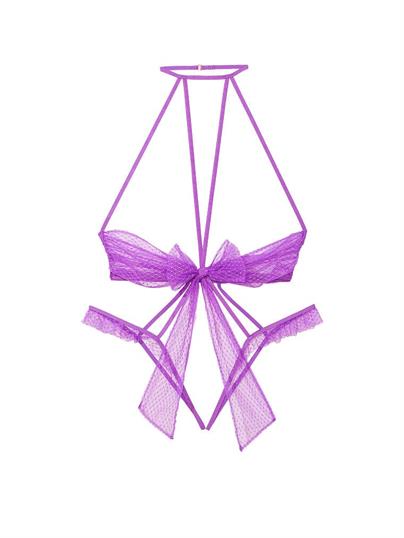 Fiyonklu File Açık Kap Crotchless Tulum