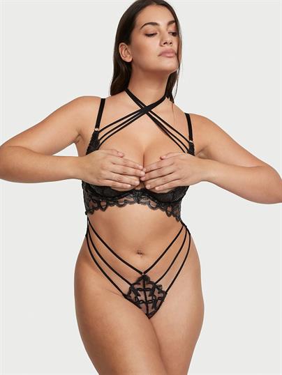 Işıltılı Kalp İşlemeli Açık Kap Askılı Crotchless Playsuit