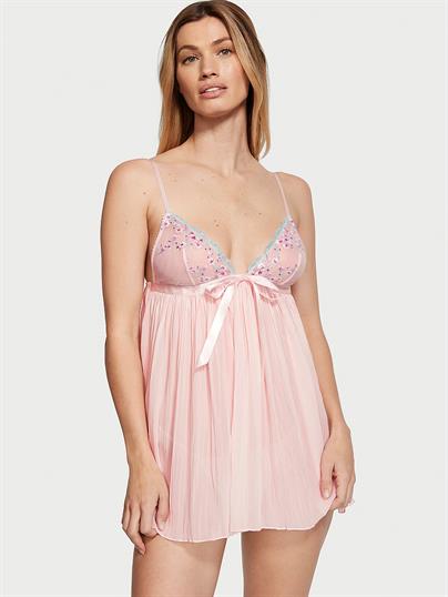 Kiraz Çiçeği İşlemeli Pileli Babydoll Seti