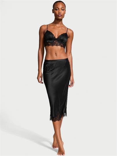 Saten Gül Dantelli Bralet ve Midi Etek Takımı