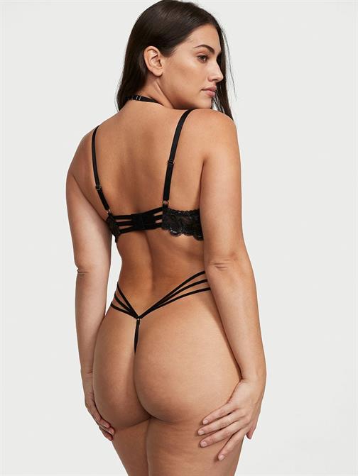 Işıltılı Kalp İşlemeli Açık Kap Askılı Crotchless Playsuit