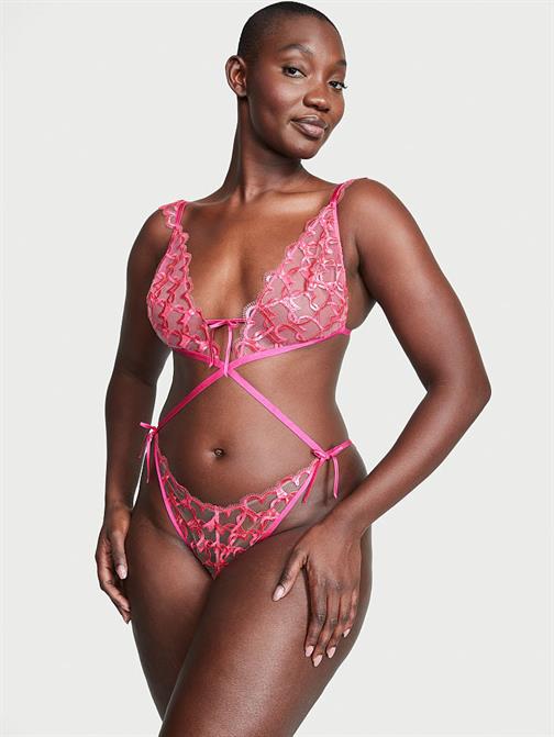 Işıltılı Kalp İşlemeli Astarsız Crotchless Teddy