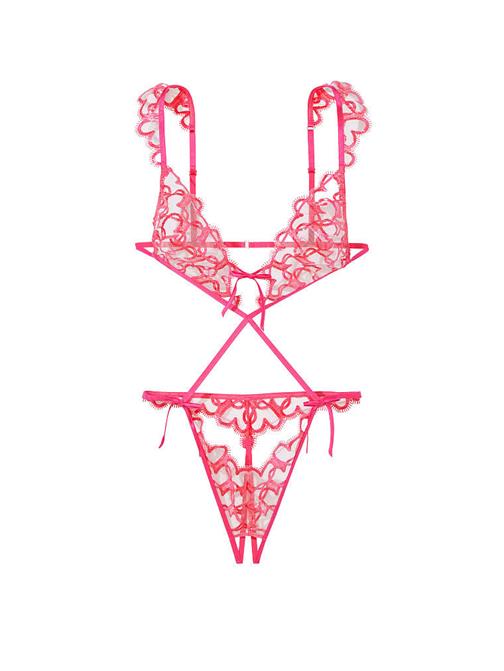 Işıltılı Kalp İşlemeli Astarsız Crotchless Teddy