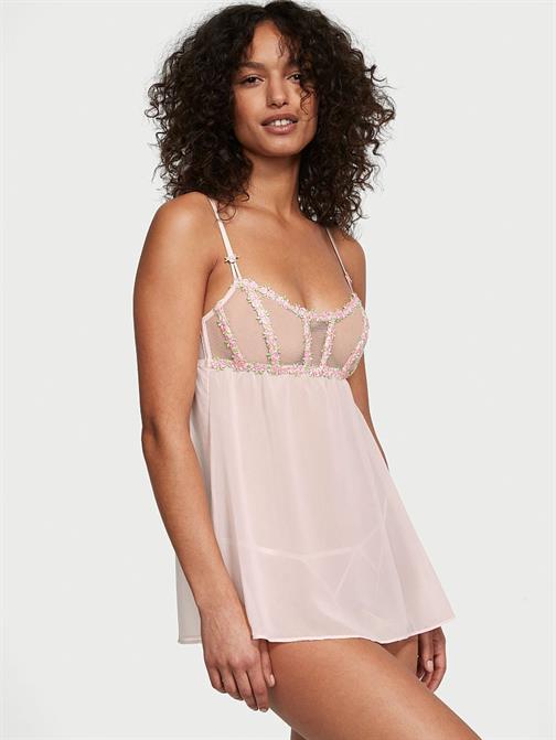 Rosebud İşlemeli Astarsız Korse Babydoll Takımı