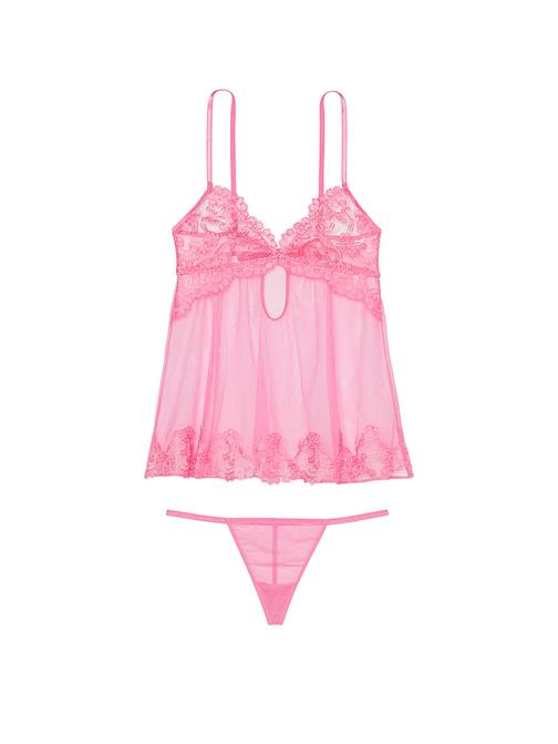 Transparan Boho Çiçek İşlemeli Babydoll Seti