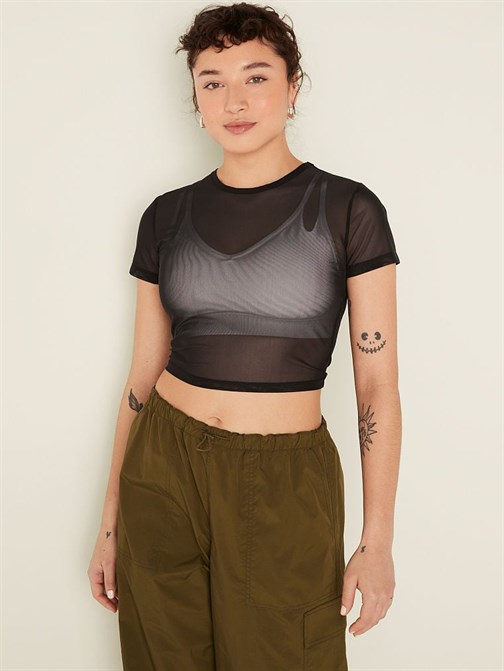 Transparan Kısa Kollu Crop Üst
