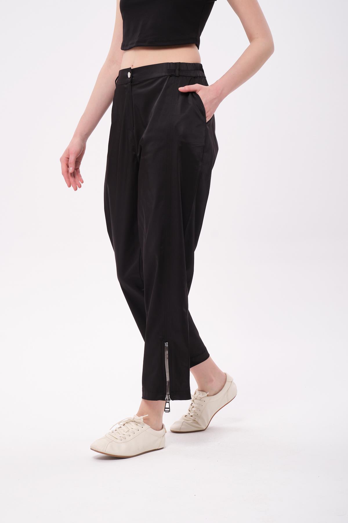 PAÇA FERMUARLI SATEN PANTOLON SİYAH