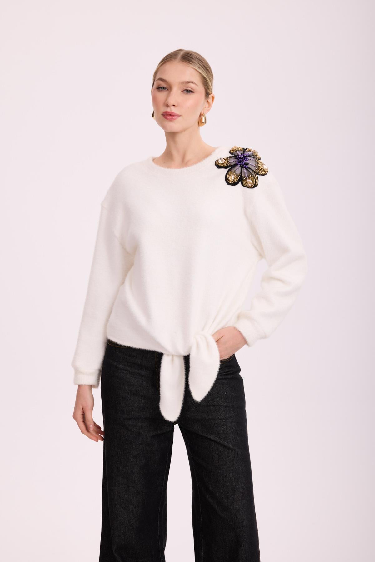 VIOLETTE FLEUR ANGORA BLUZ EKRU