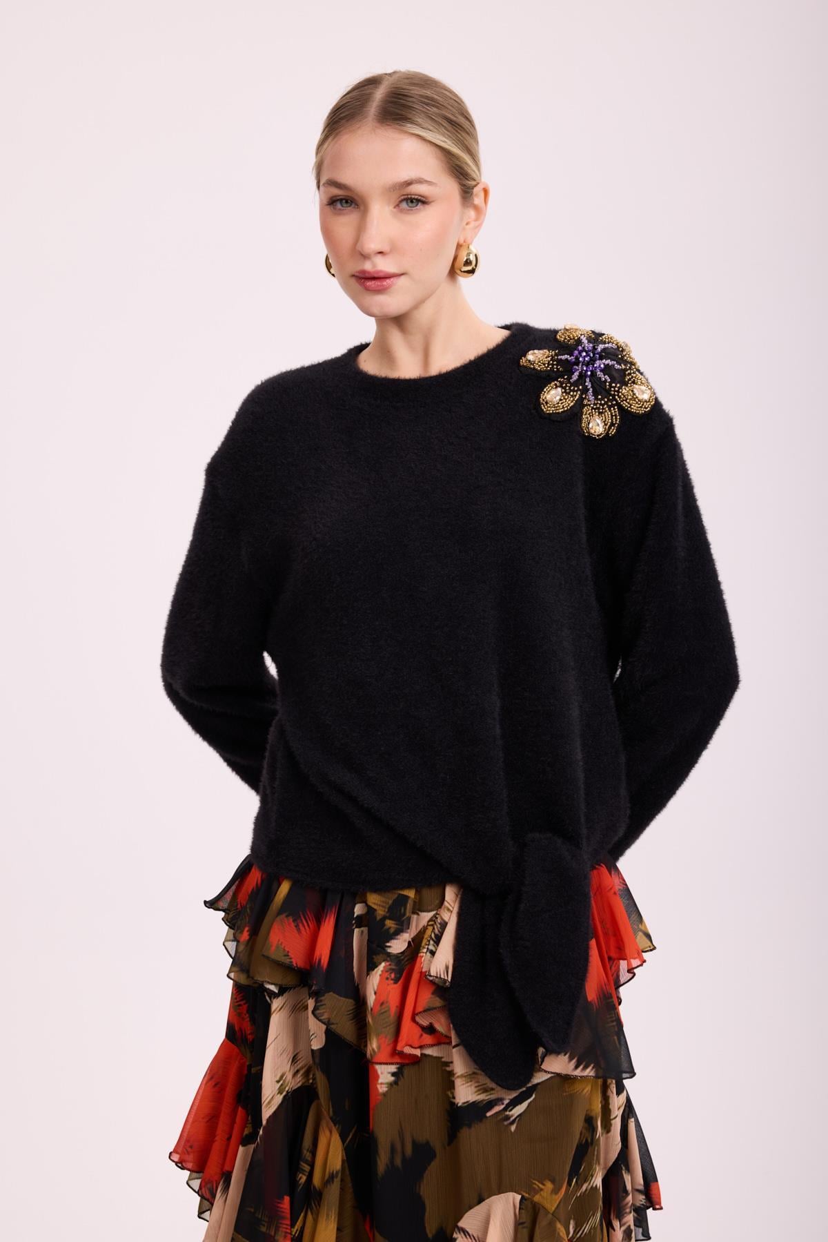 VIOLETTE FLEUR ANGORA BLUZ SİYAH