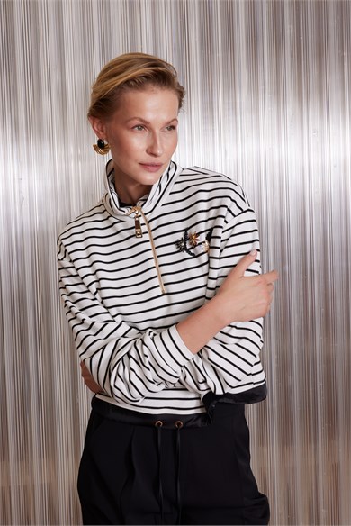 ÇİZGİLİ ZIP SWEATSHIRT EKRU ÇİZGİLİ