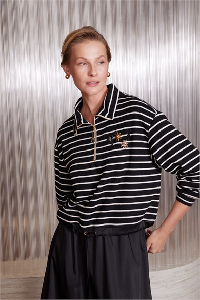 ÇİZGİLİ ZIP SWEATSHIRT SİYAH ÇİZGİLİ