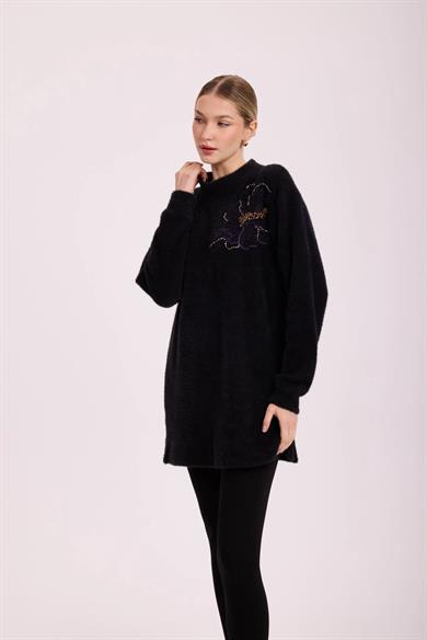 FLORANA NAKIŞLI ANGORA TUNİK SİYAH