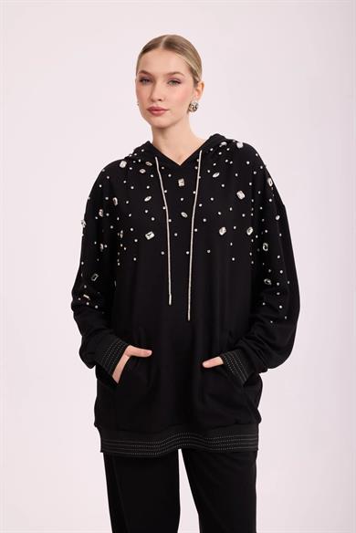 İŞLEMELİ KAPŞONLU MODAL TAKIM SİYAH