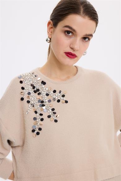 MOLTO SPECİALE TAŞLI SWEATSHİRT BEJ