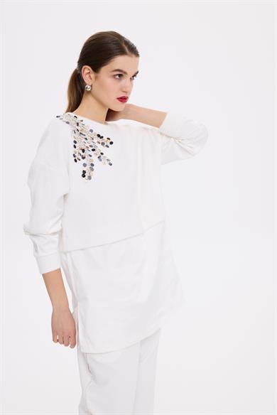 MOLTO SPECİALE TAŞLI SWEATSHİRT EKRU