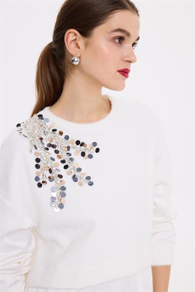 MOLTO SPECİALE TAŞLI SWEATSHİRT EKRU