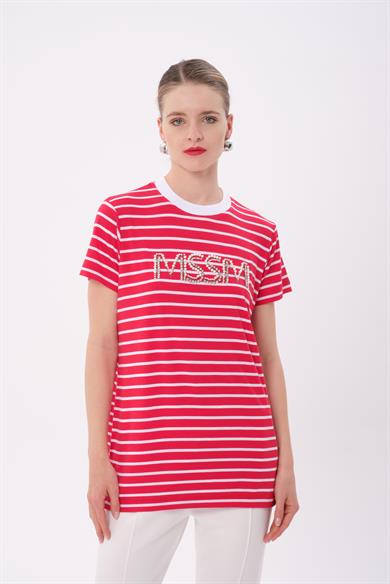 MSSM TAŞLI ÇİZGİLİ TSHIRT KIRMIZI ÇİZGİLİ